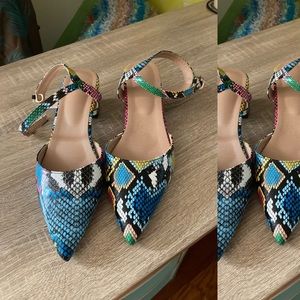 Size 40 rainbow faux snakeskin 2” heel shoes pointy toe w/ ankle strap,worn 1x